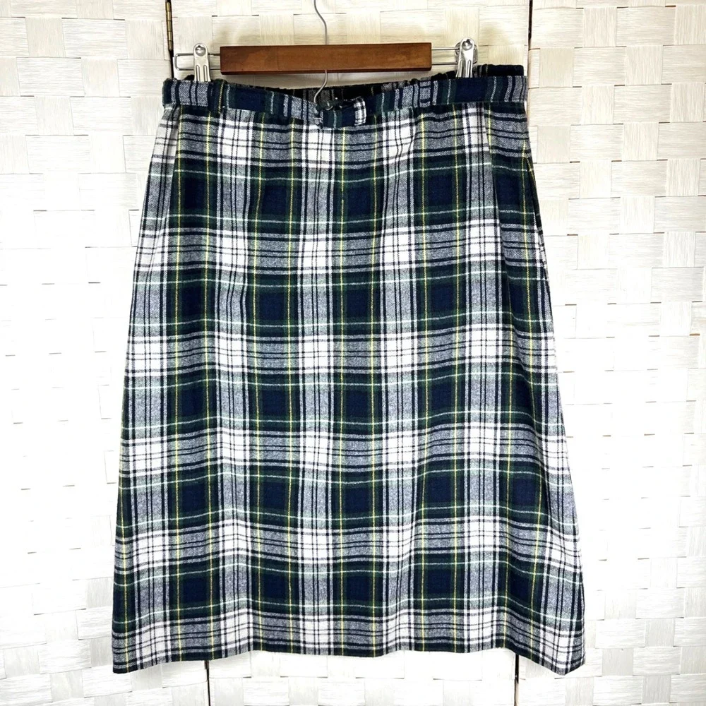 Vtg Prestige of Boston Plaid Midi Skirt Women Size 14‎ Green Navy Classic Tartan